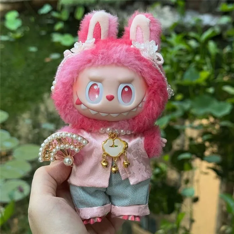 15 17cm para boneca labubu estilo chinês roupas rosa bordado roupa calças conjunto de malha pingente flor acessório de cabelo