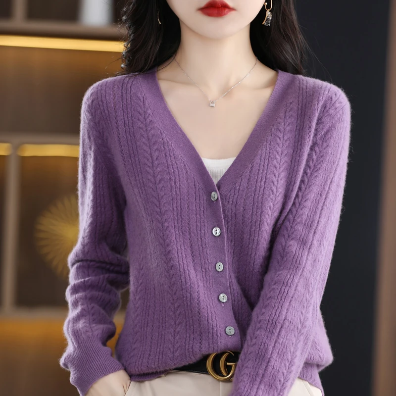 New Spring Autumn Pure Wool Cardigan Women\'s V-neck Merino Wool Knitted Jacket 2023 Korean Westernized Pure Color Versatile Top