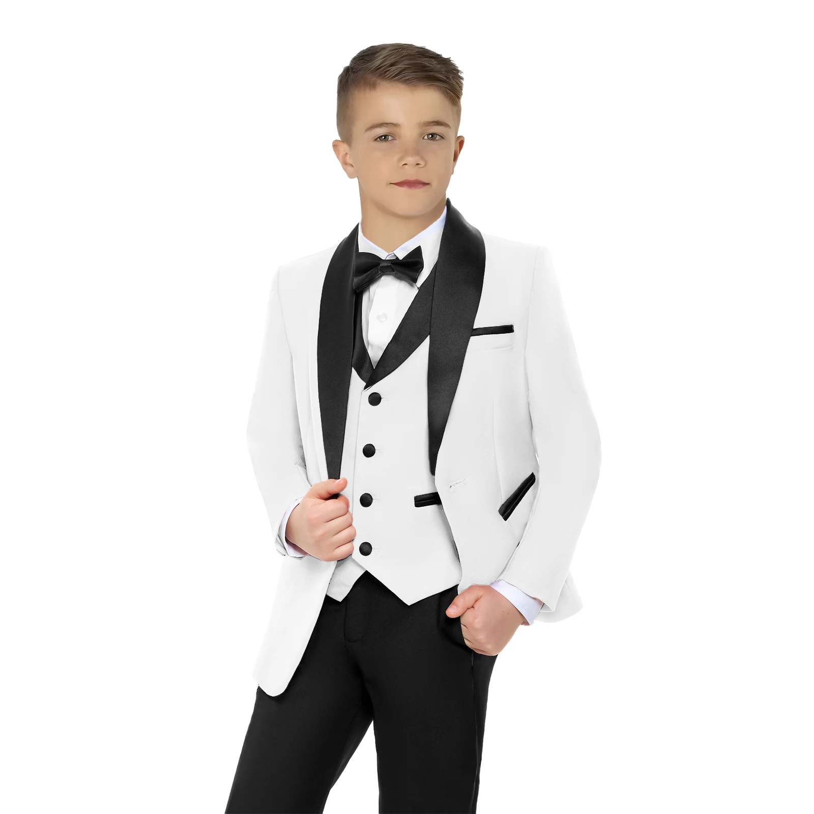 White Formal Blazer Suit Set 3 to 14 Years Regular Fit Blazer Set Including Jacket Vest Pants Bow-tie Solid Kids Tuxedo