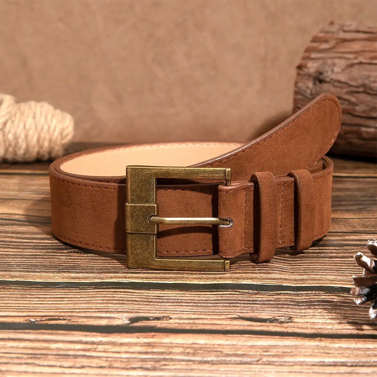 1 Stück brauner Vintage-Casual-Bronze-Samtgürtel mit Metallrahmen und Schnalle für Damen, Jeans, ein vielseitiger Accessoire-Gürtel.