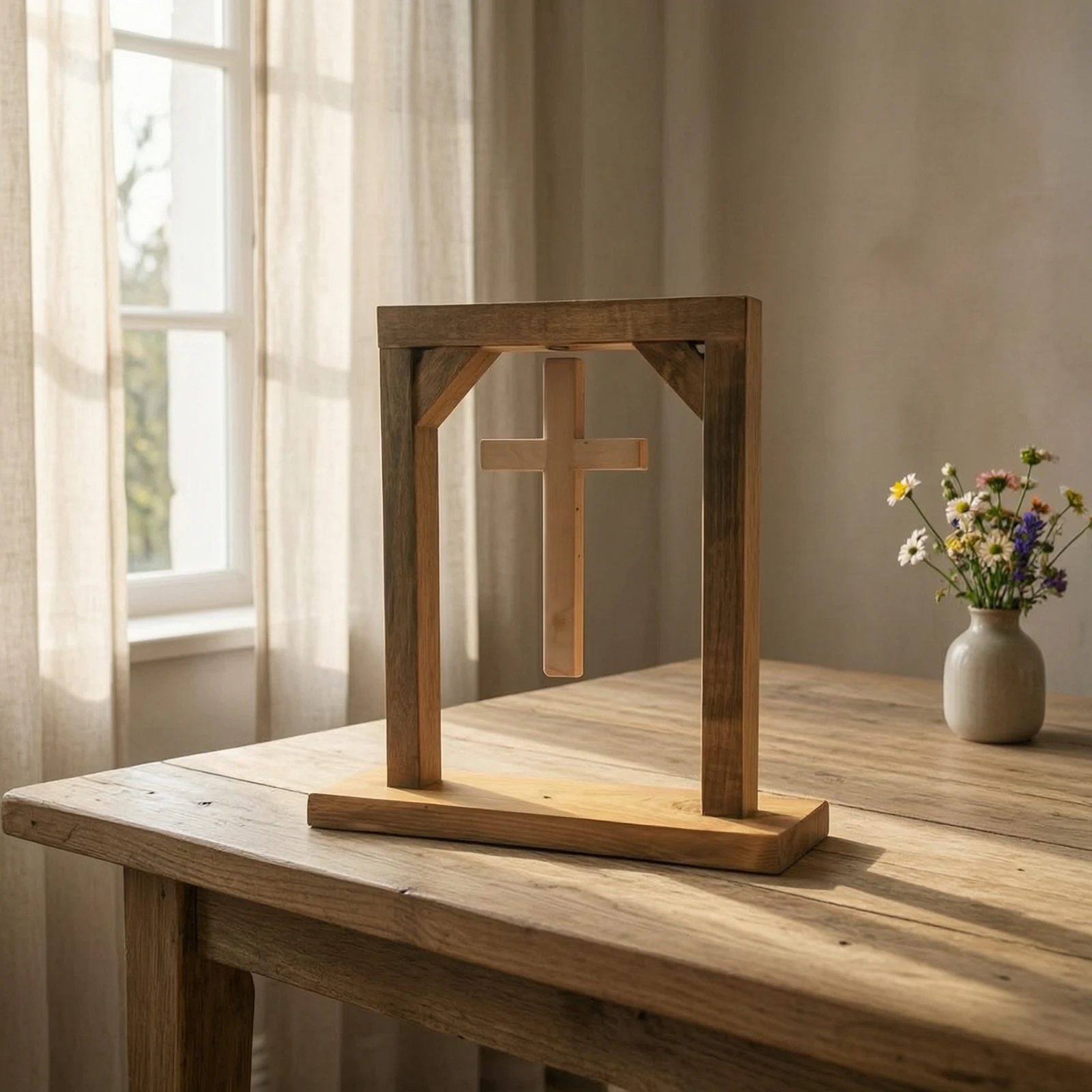 Floating Cross Display Freestanding Standing Cross with Frame Decor Rustic Minimalist for Prayer Room, Shelf