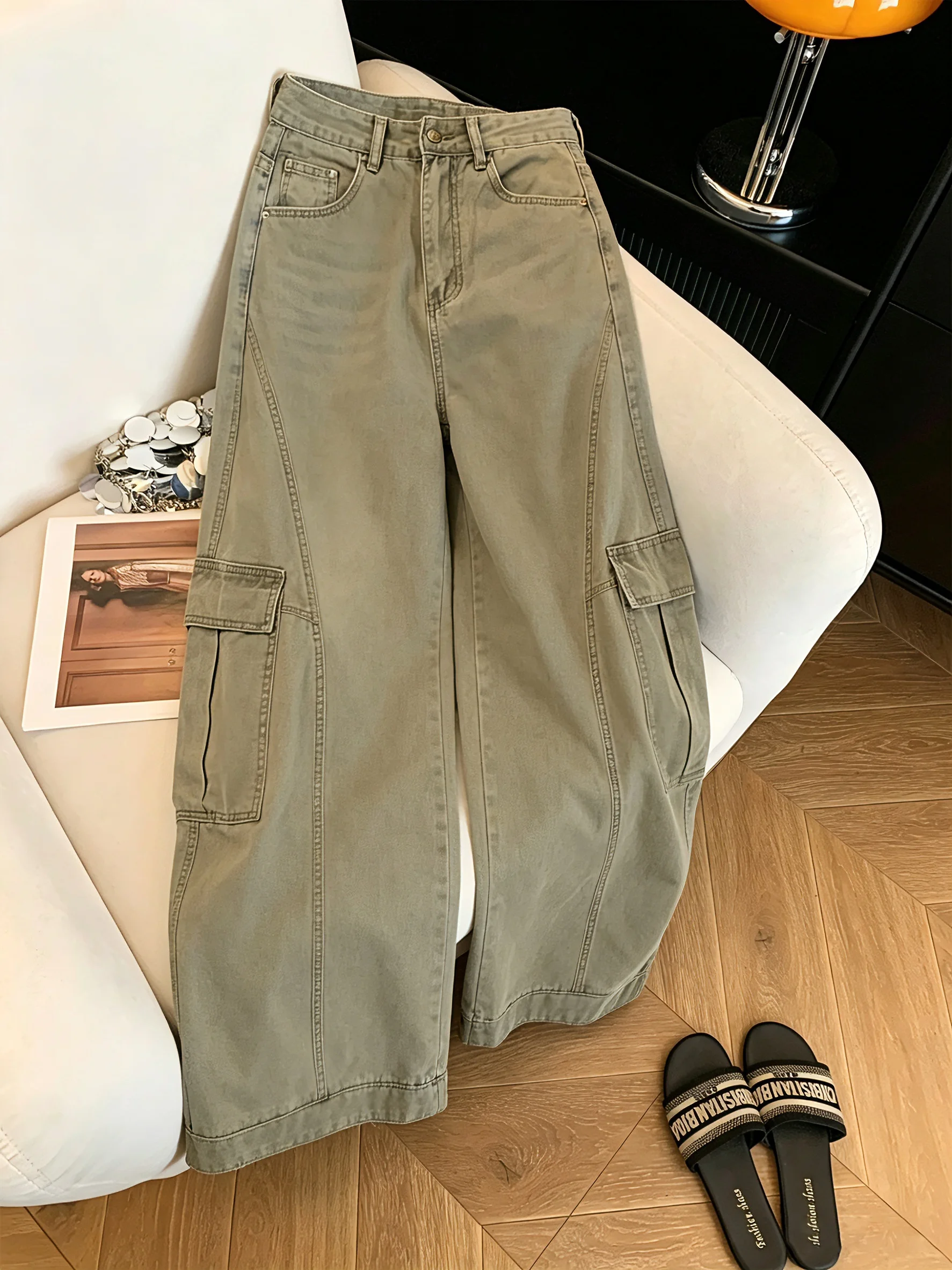 

Retro Korean Style Workwear Denim Pants Men's Women's Loose Wide Leg Jeans Multiple Pockets Casual Summer Design
