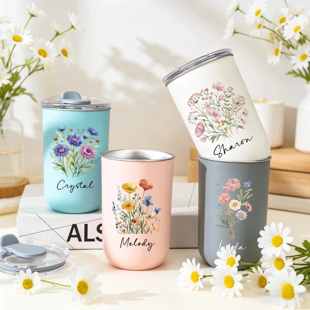 Personalized Wildflower Tumbler Custom Name Watercolor Floral Stainless Steel Cup With Lid Birthday Bridesmaid Gift for Women.