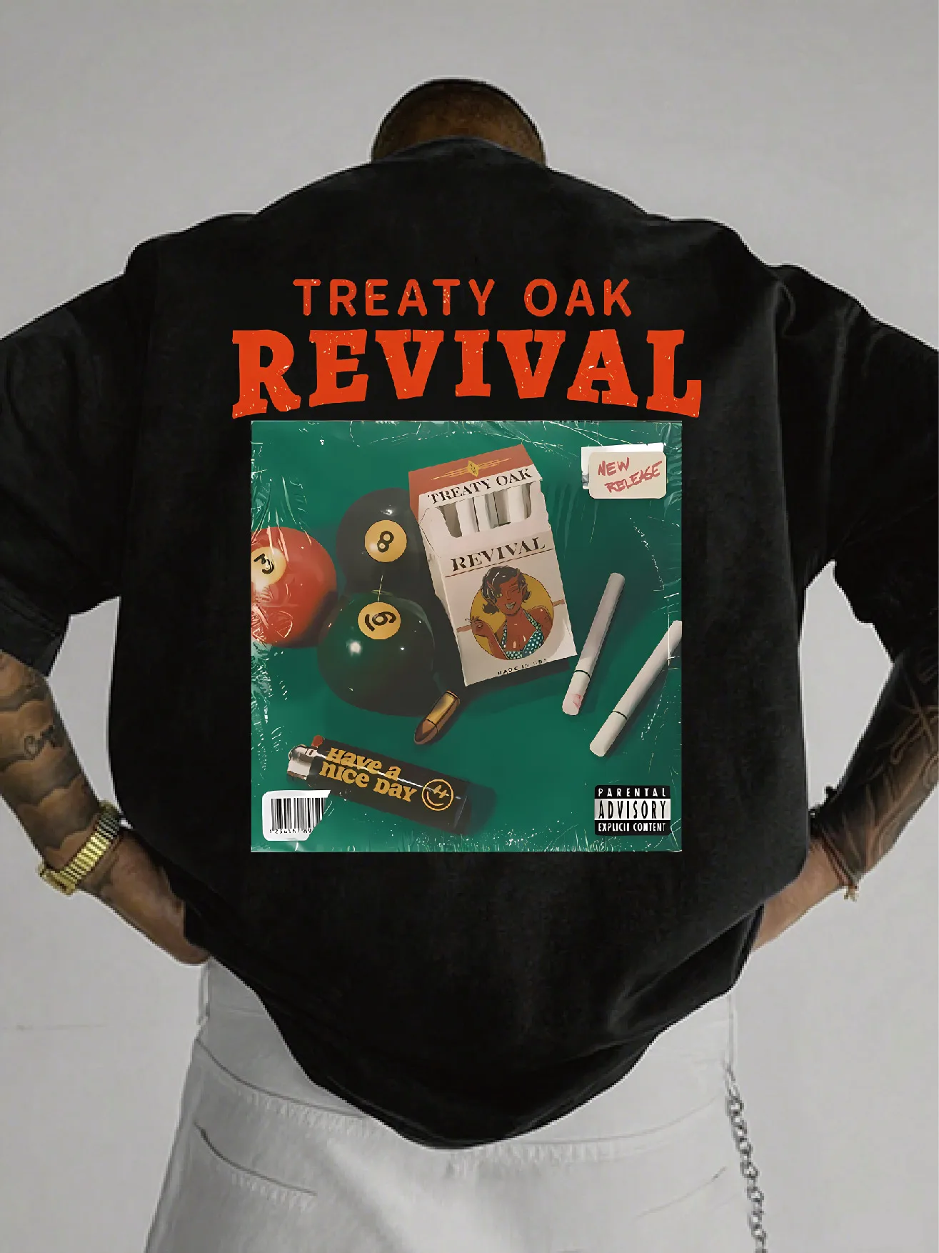 Retro Round Neck T-shirt Black Treaty Oak Revival Music Album Print Leisure and Entertainment Scene