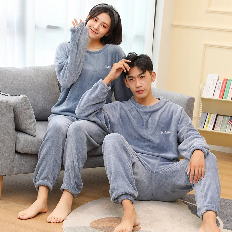 2Pcs/Set Autumn and Winter Coral Fleece Pajamas Thickened  Warm man And women Soft Long Sleeve Long pants Couple Homewear