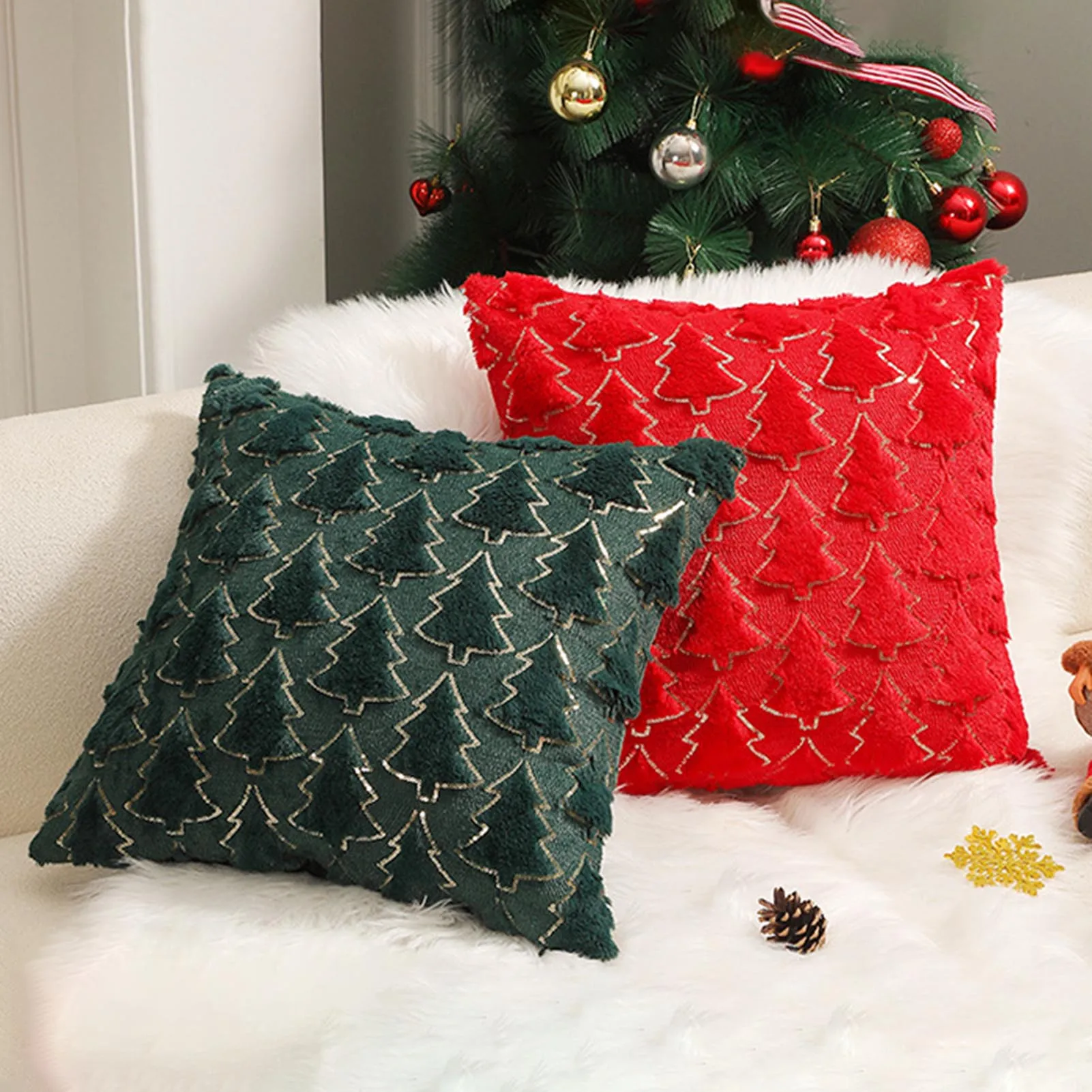 45 x 45 cm Weihnachtsbaum-Flanell-Kissenbezug, weiches Kunstfell, Urlaubsdekoration für Sofa, Schlafzimmer, Zuhause, Weihnachtsgeschenk