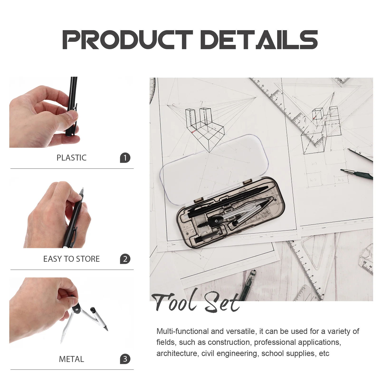 1 Set Drawing Tool Kit Math Geometry Ruler Compass Protractor Triangle Multifunctional Measurement Student Stationery Drafting