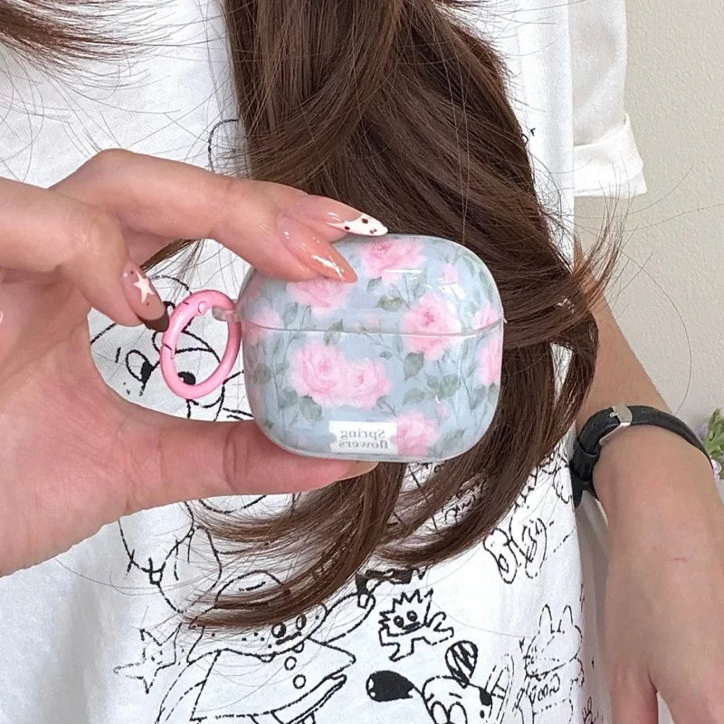 

Lovely Pink Rose Flower Earphone Case For Apple Airpods 4 3 2 Pro 3 Protective Cover Soft Silicone Headphone Cases For Airpods 3