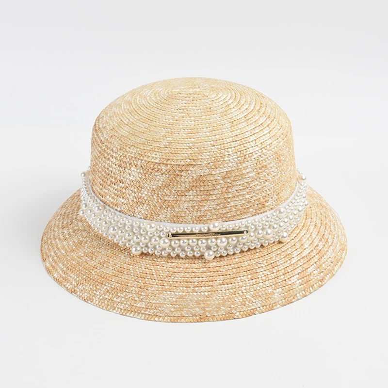 

Vintage Pearl Hepburn Style Handwoven Natural Straw Hats For Women French Elegant Summer Sun Hat Fashion Fedora Hat High Quality