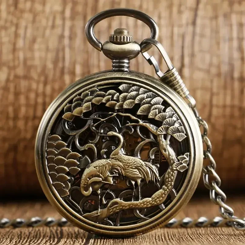Bronze Hollow Double Crane Handwinding Mechanical Pocket Watch Men Pendant Chain Clock Men Women Cool Gift Relogio De Bolso