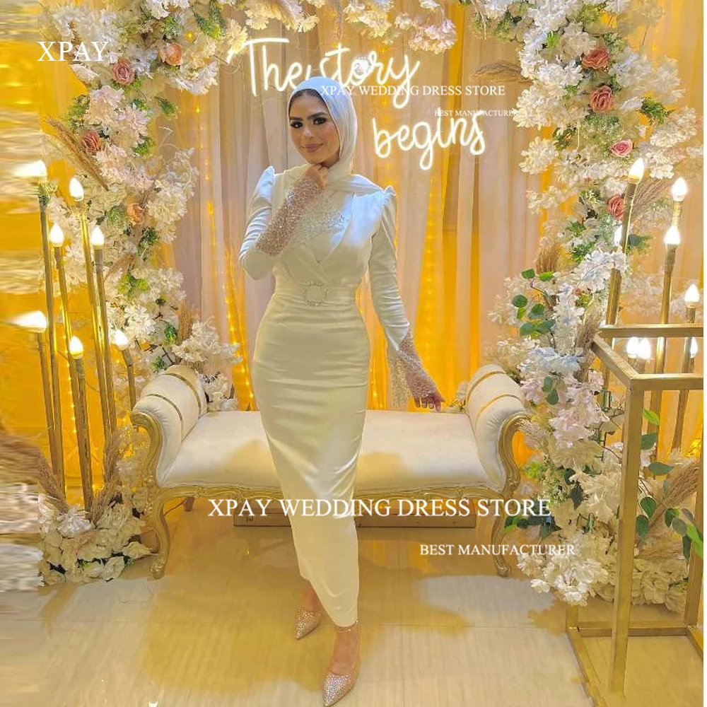 

XPAY Arabic Women Ivory Satin Ankle Length Evening Dresses Long Sleeves High Neck Hijab Formal Party Prom Gowns 2024 Elegant