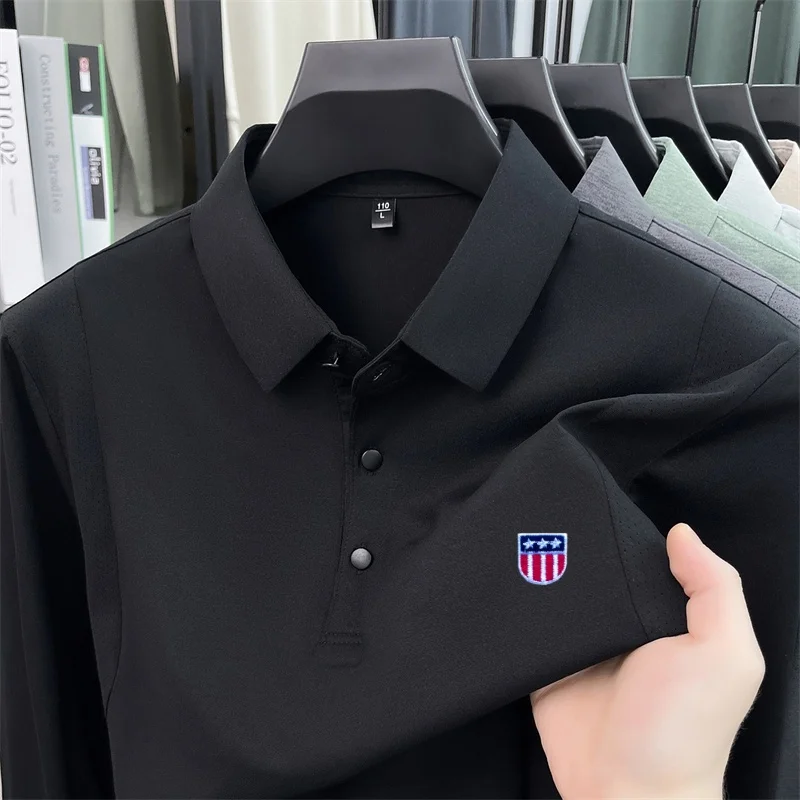 Men's Spring Autumn Long Sleeved Quick Drying Polo Shirt Exquisite Embroidered T-Shirt with Lapel Casual Interior Men's Wear