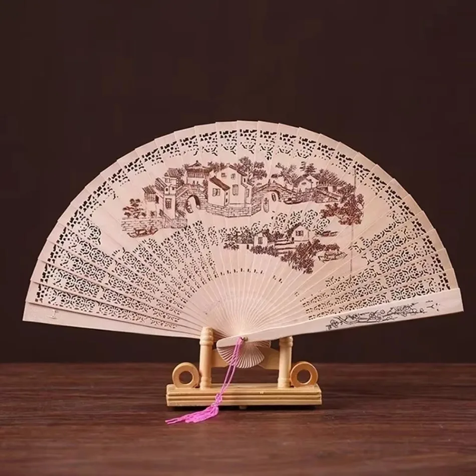 1 Pcs Fragrant Wood Fan Carved Double-sided Hollow Folding Fan Chinese Style Classical Artistic Fan Gift Box Random Pattern