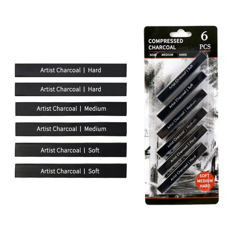 6pcs Carbon Strip Professional Black/White Carbon Sketch Hard/Medium/Soft Woodless Charcoal Pencil Set Drawing Painting Supplies