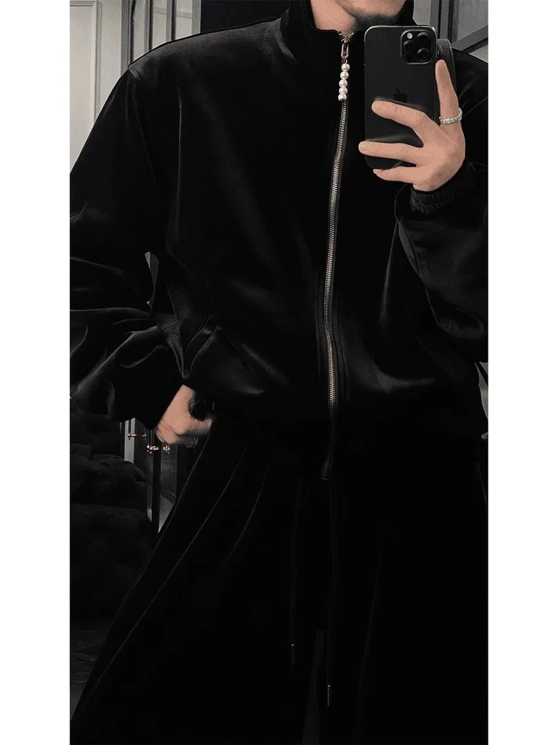 

American Retro Velvet Stand Collar Jaet Coat for Men Cool Wide Leg Pants Autumn Winter Trend Brand Set Youth Long Sve