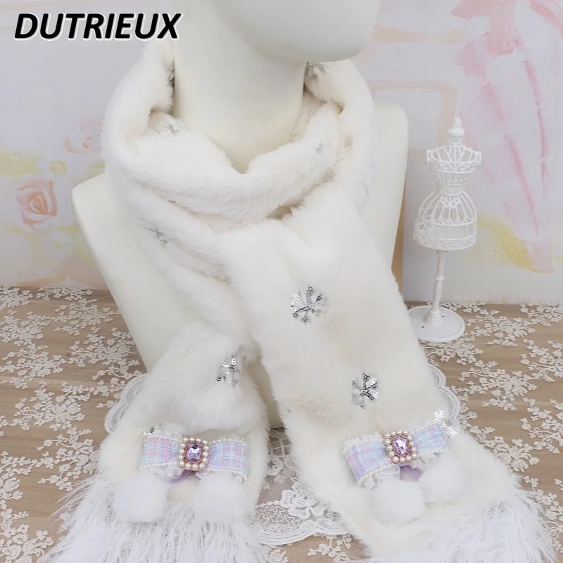 Lolita Cute New Scarf Female Japanese Style Sweet Sequins Snowflake Embroidery Casual Bow Fluffy Scarfs for Women Winter