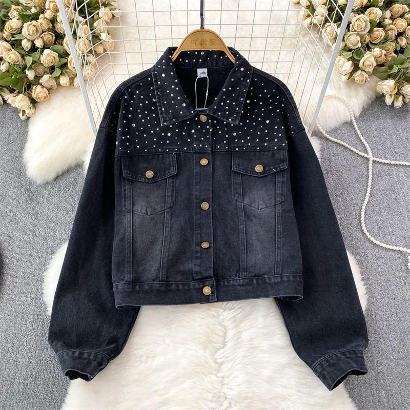 Jaket Denim pendek wanita longgar Korea jaket Jeans wanita lengan panjang kasual Lapel berlian biru hitam jaket Denim pendek musim semi musim gugur wanita