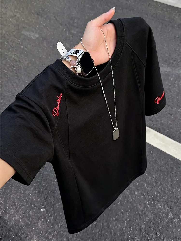Heavyweight Boxy Shoulder Men's T-shirt round Neck Short Sleeve Embroidered Patchwork American High Street Summer Fashion