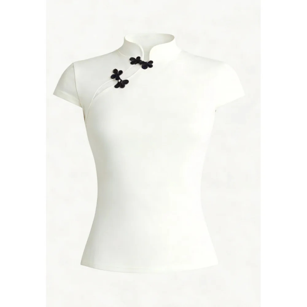 Summer New Collection, Vintage Chinese Style, Unique Design, Pan Buckle, Slim Fit Cheongsam Collar, Short Sleeve Top