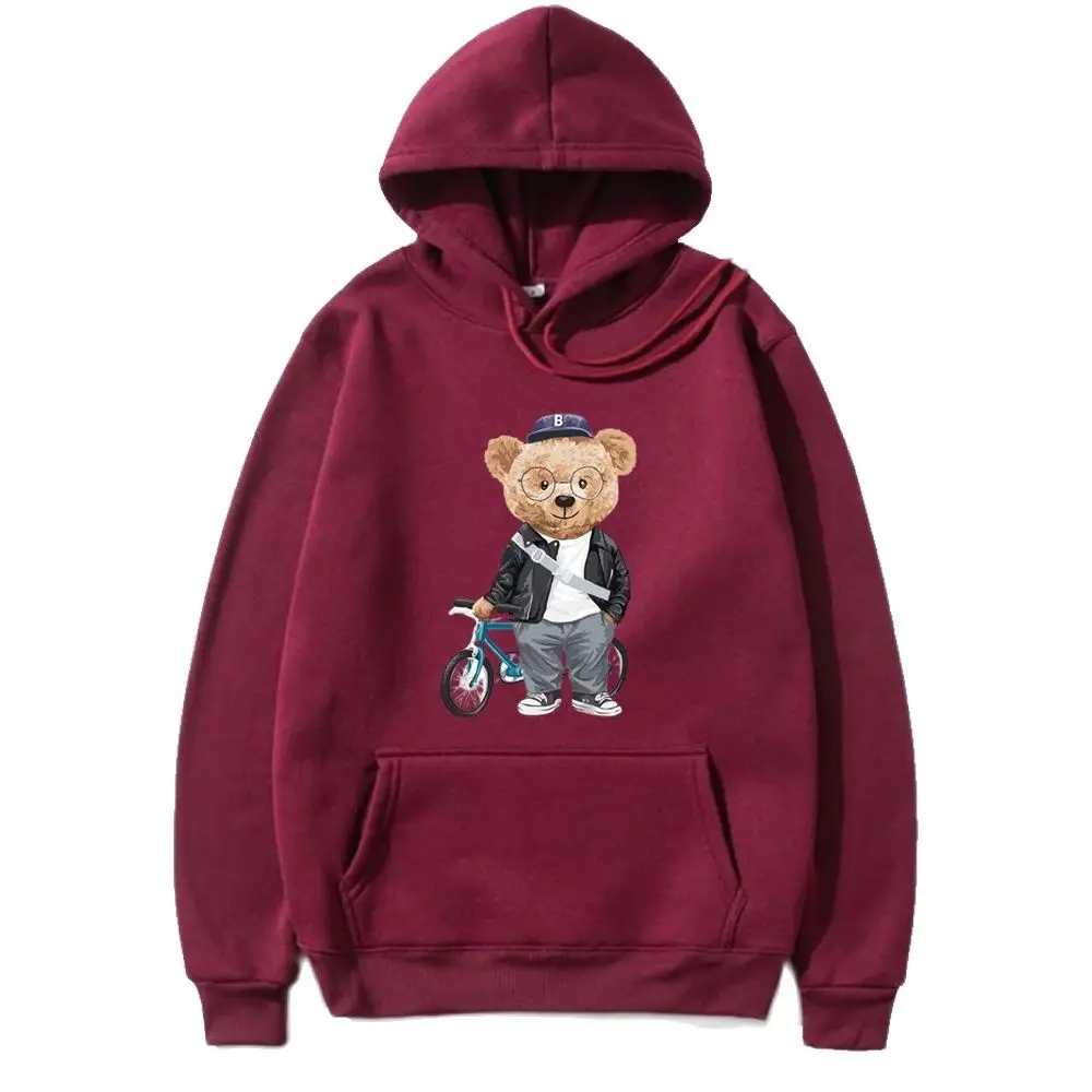 Loose version of wine red hoodie Bear print sweatshirt top Fashion casual long-sleeved hoodie men\'s outdoor sportswear brand new