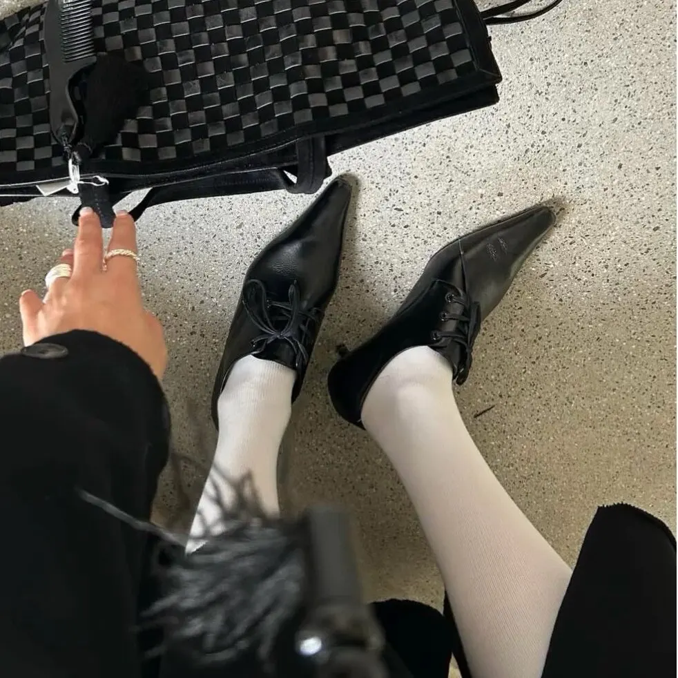 elegant-leather-winter-shoes-with-tie-design-sharp-pointed-toe-women's-black-thin-heel-versatile-fashionable-flat-footwear