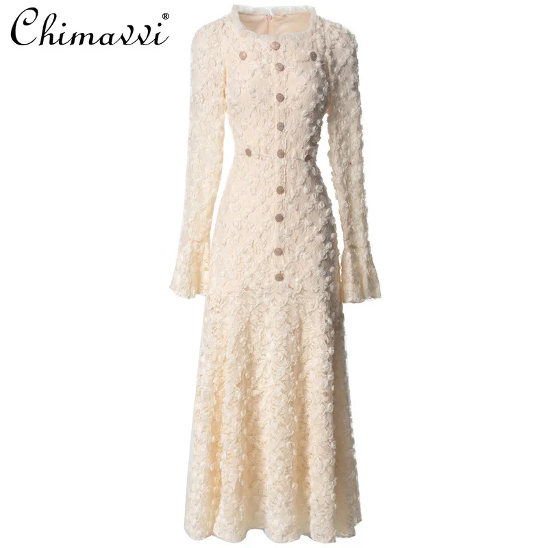 Schwere 3D Floral Square Neck Ausgestelltes Langarm Vintage Prinzessin Kleid frauen Herbst Neue Mode High-End Slim fit Elegante Kleid