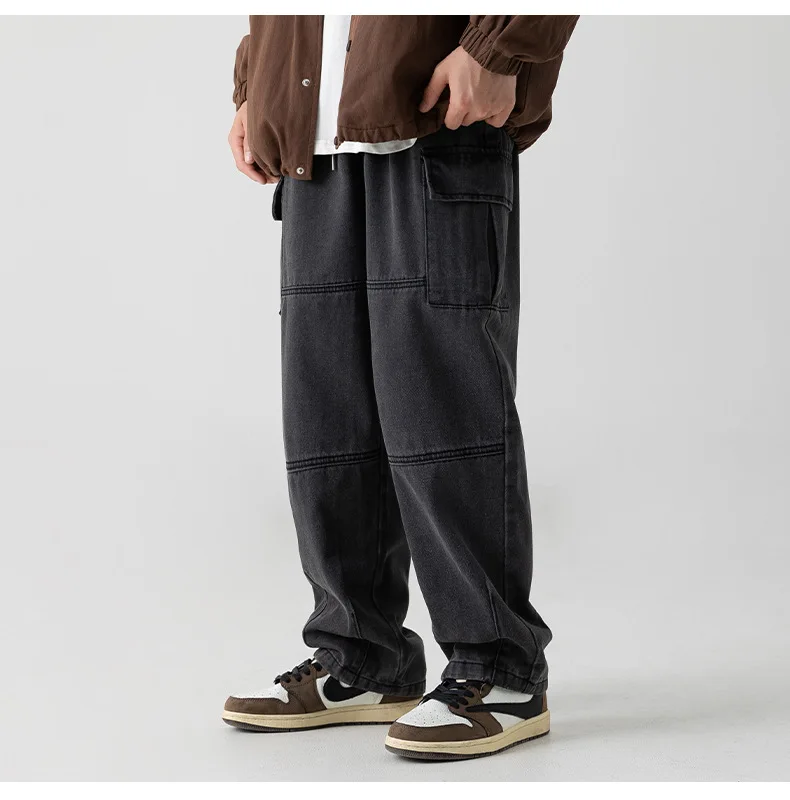 Workwear Pocket Jeans Men's Split Splicing Pleated Washed Japanese Straight Trousers Cool Women