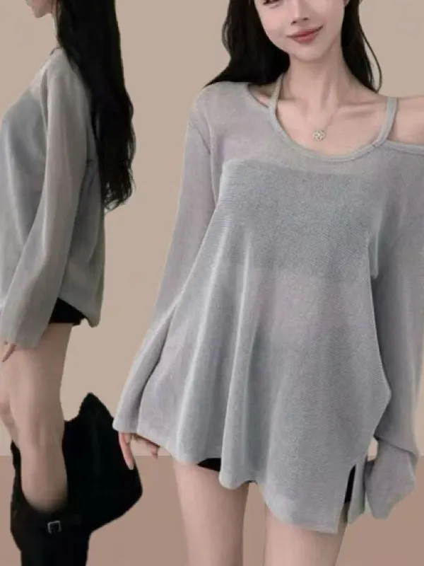 Trendy oulder-baring Lazy Sle Women's Long Sve Sun Protection irt Loose Fit Commute Sle round Ne Regular Length