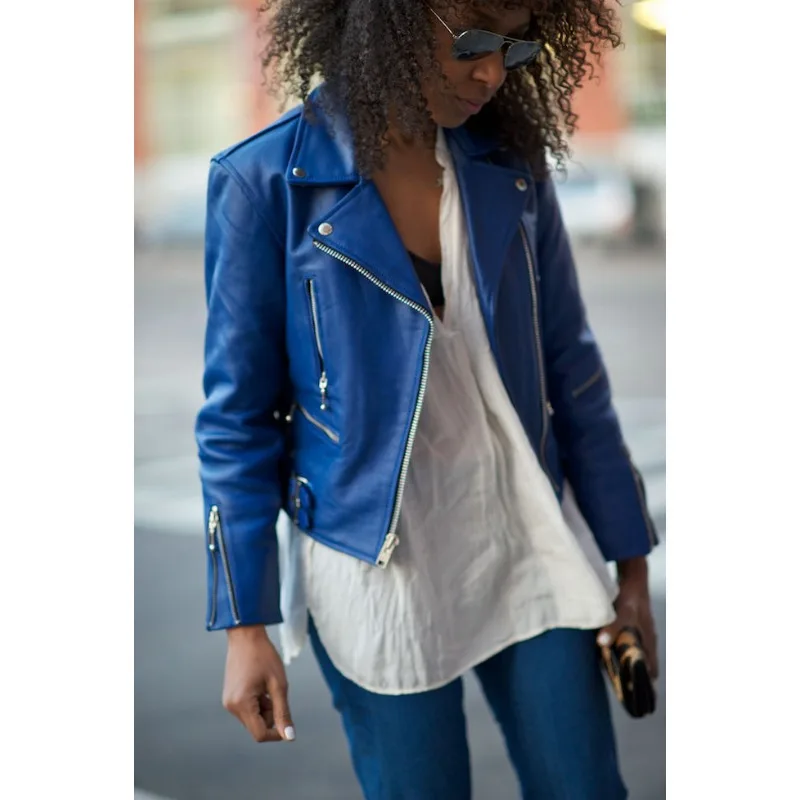 SEXY Women's Genuine Lambskin Real Leather Jacket Blue Motorcycle Slim Fit Coat