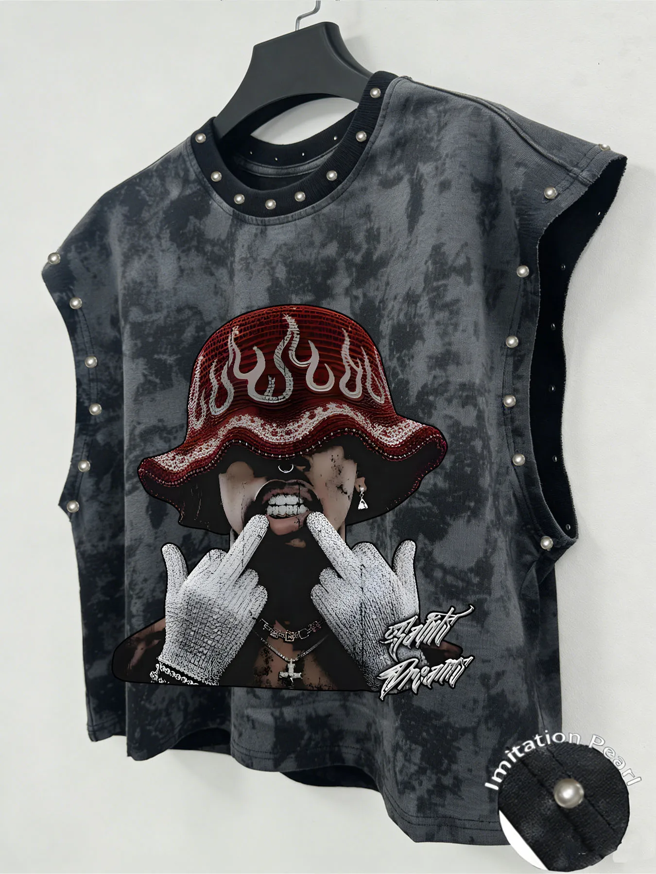 Tie Dye Sleeveless Tank Top, Hip Hop Figure Flame Bucket Hat Print Imitation Pearl Trim Street Vest  men clothing men tank top