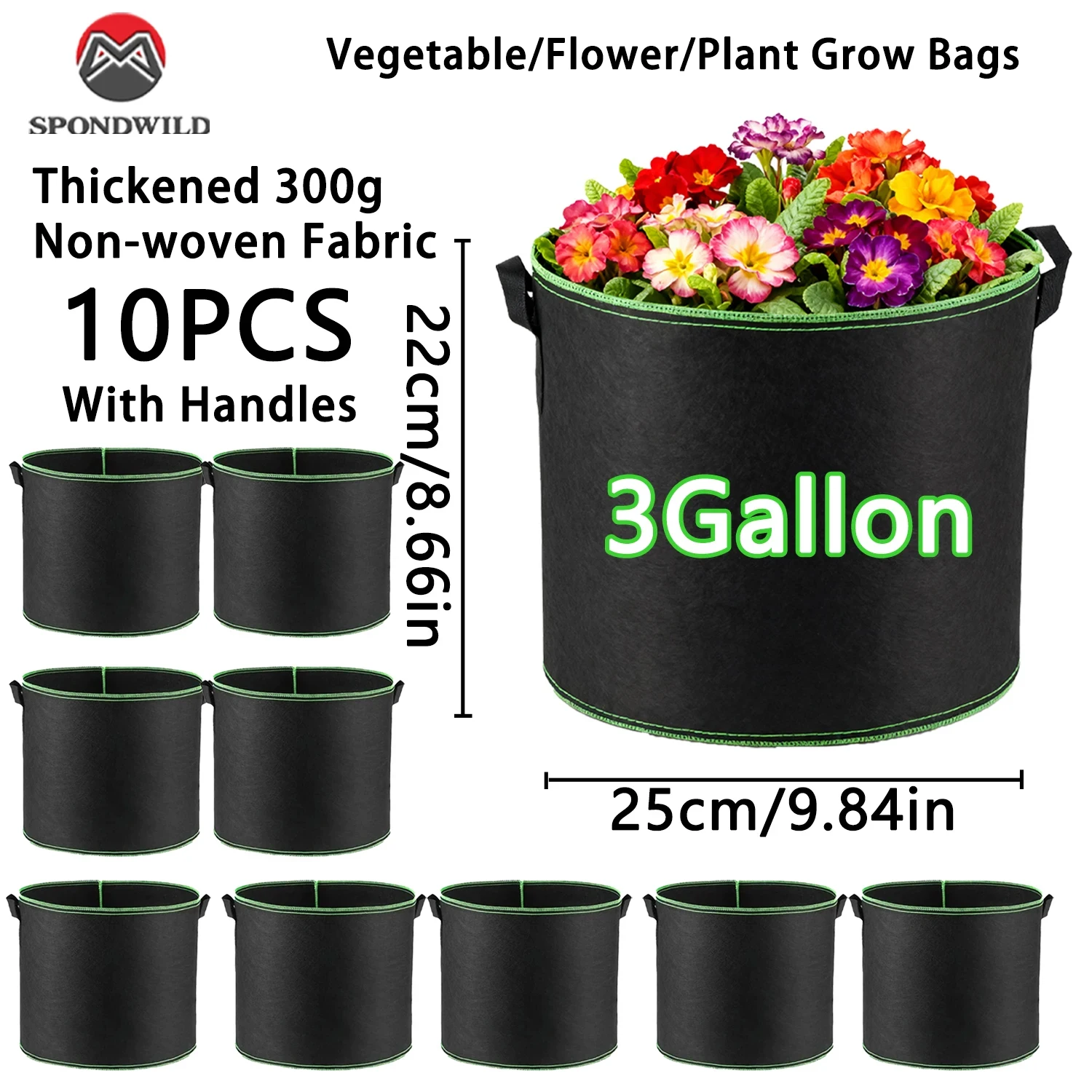 1/3/10 Packs 3 Gallon Grow Bags with Handles, Non-Woven Fabric Pots with Lock Edges, Vegetable Planting Containers