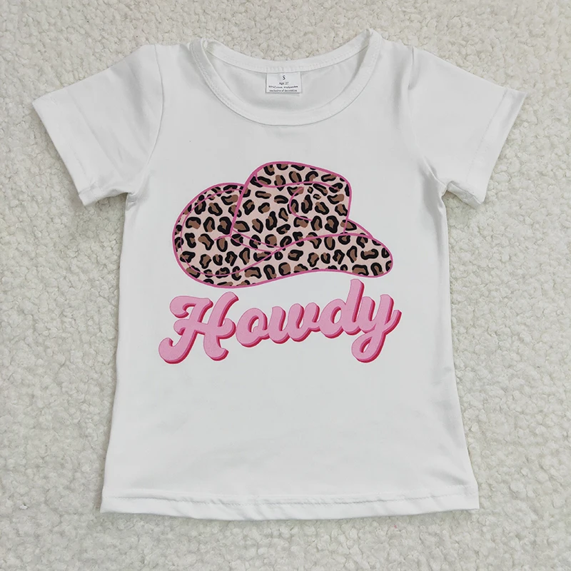 Wholesale Western Baby Girl T-shirt Summer Children Kids White Short Sleeves Leopard Hat Howdy Shirt Toddler Top New Clothing