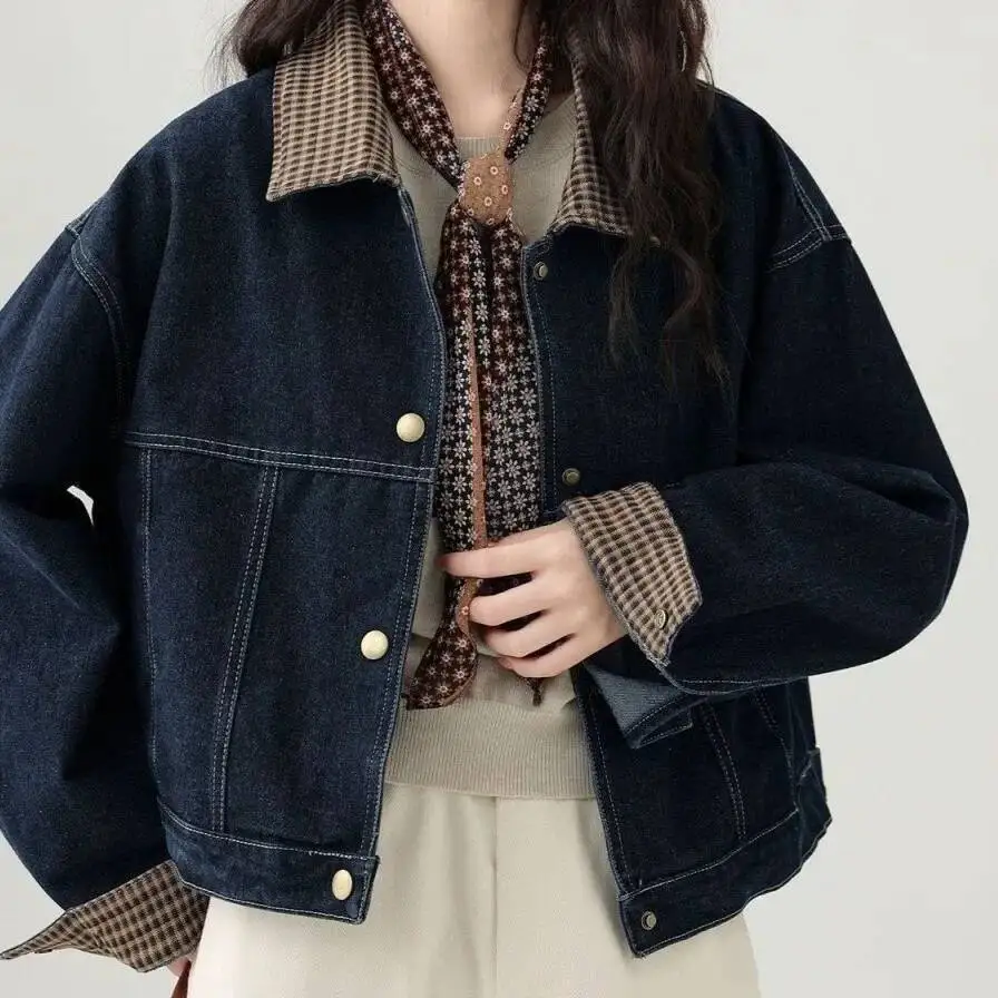 เสื้อแจ็คเก็ตยีนส์ลายสก็อตสำหรับฤดูใบไม้ผลิและฤดูใบไม้ร่วง ทรงหลวม คอปก สไตล์ลำลอง อเนกประสงค์ คลาสสิก ย้อนยุค แบรนด์จีน