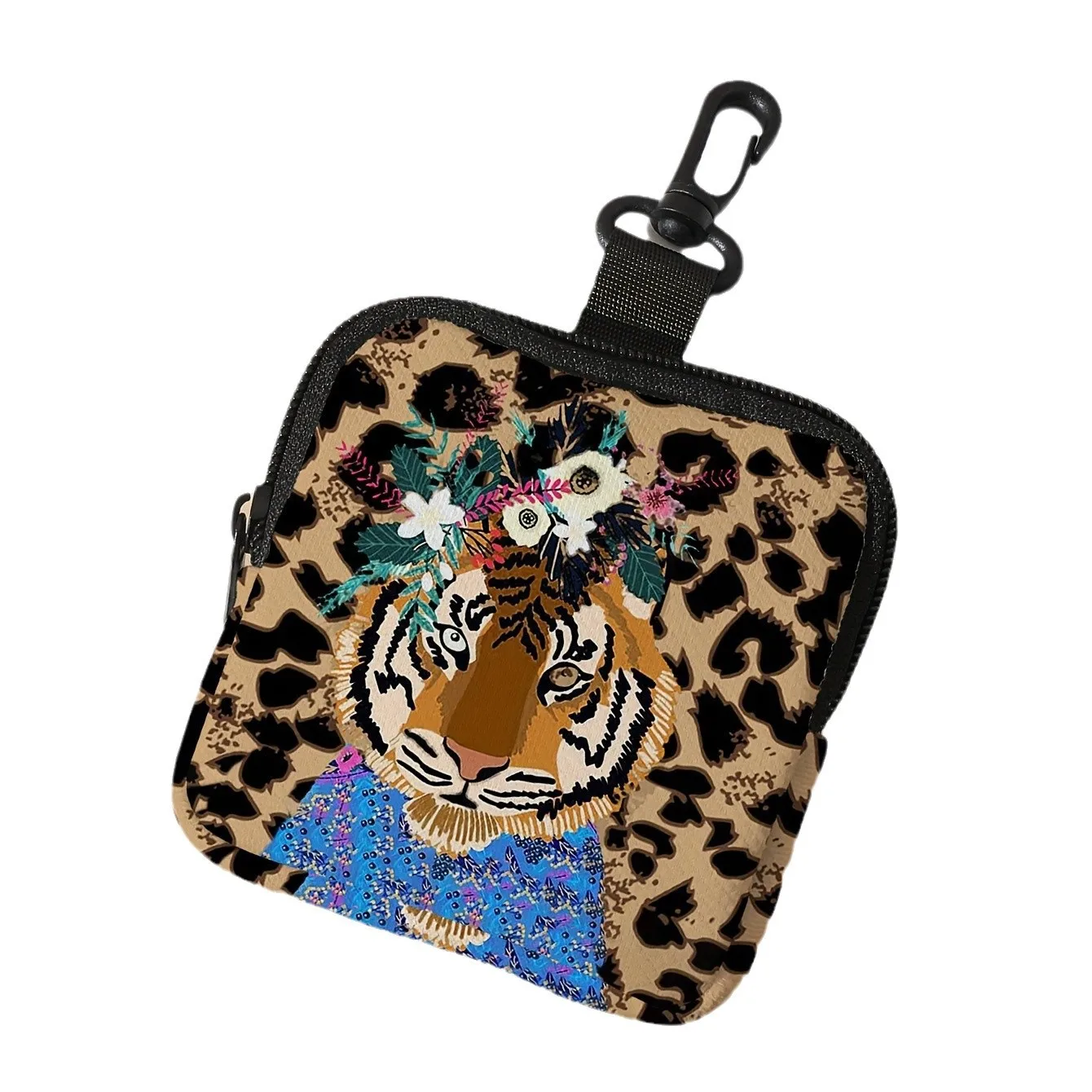 Tiger print coin purse faux leather waterproof color print flower zipper square multifunctional earphone storage bag