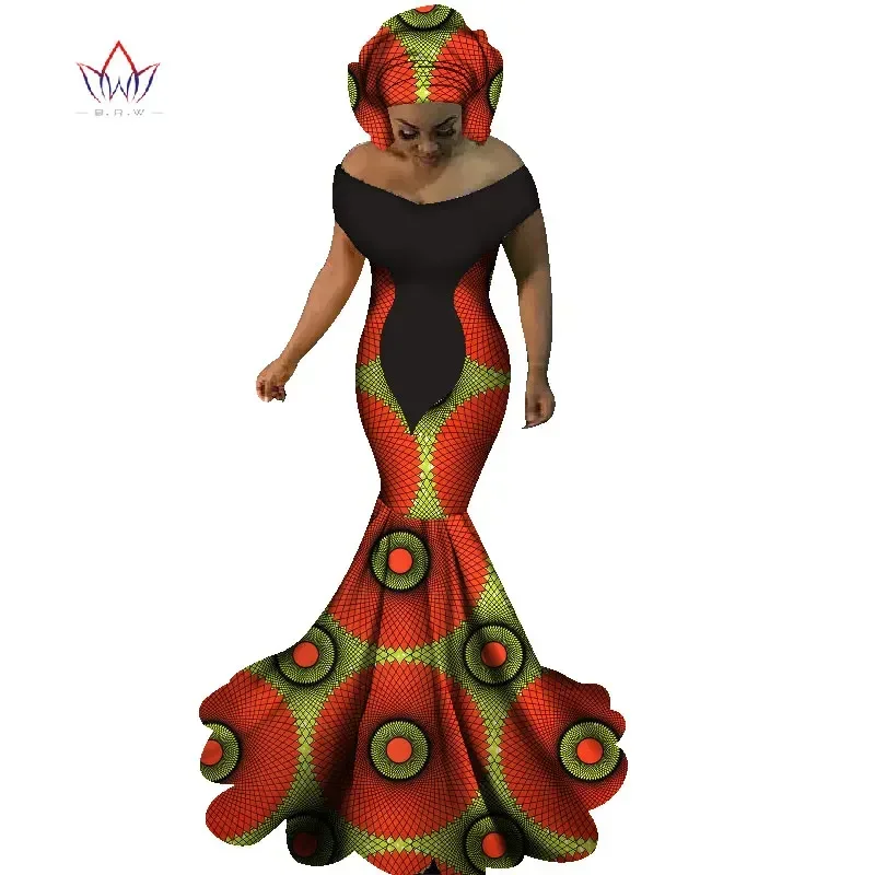 BRW African Dresses for Women Sexy Slash Neck Long Dresses Bazin Riche African Print Mermaid Clothing Plus Size 6XL WY1860