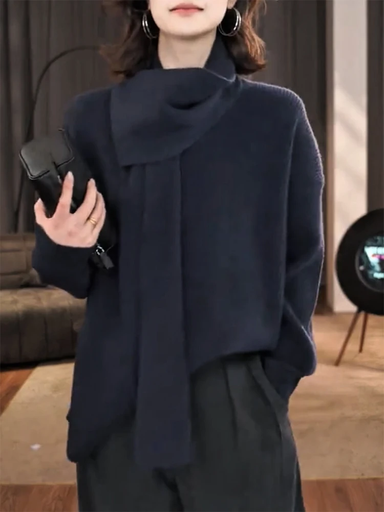 

Вязаный свитер с отстегивающимся шарфом в корейском стиле, осенне-зимняя новинка, большие размеры, стройнящий универсальный женский топ