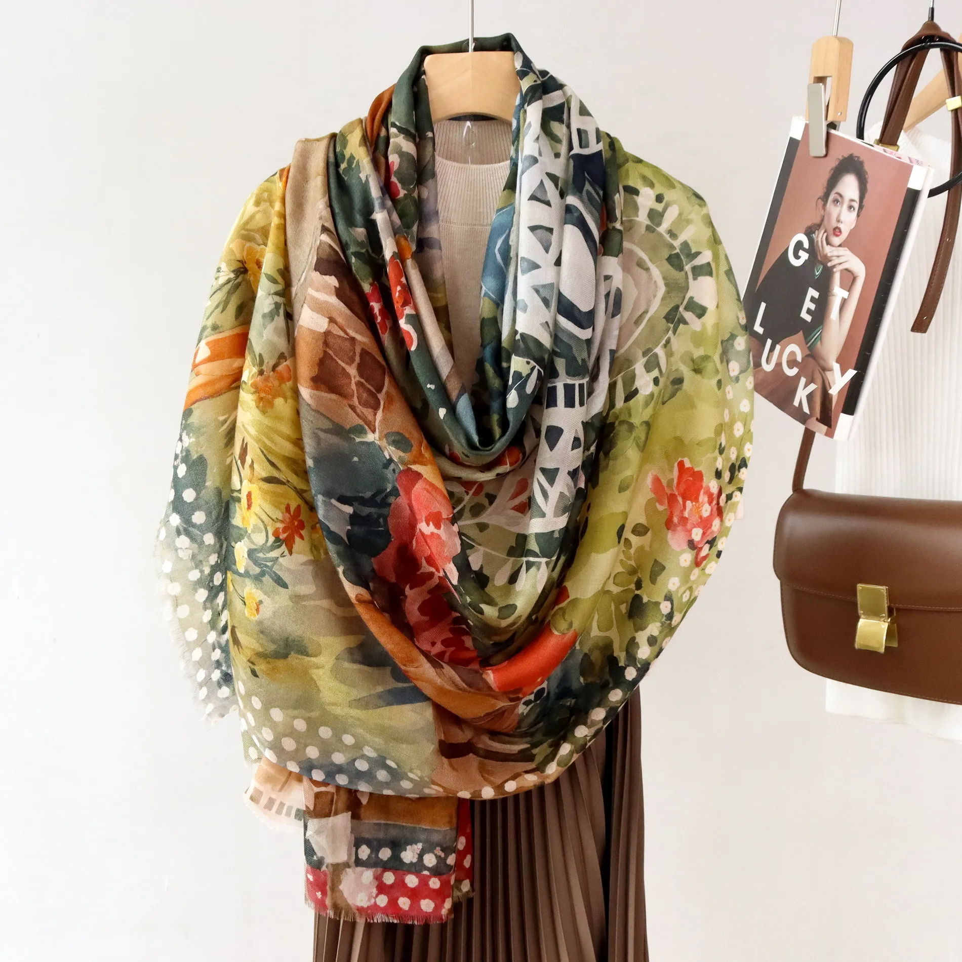 High-end Elegant Women's Fine Oil Painting Garden Print Quality Water-soluble Wool Handmade Fringe Warm Soft Long Scarf Shawl