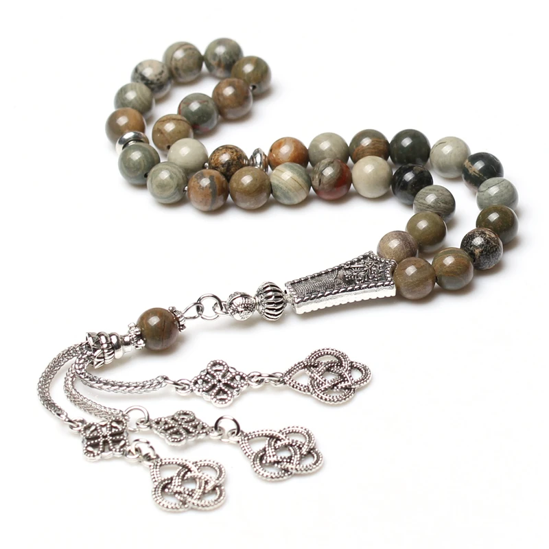 

Natural Silver Leaf round stone 8mm silver tassel islamic prayer beads