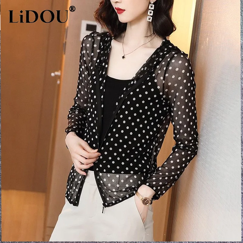 

2023 Summer New Fashion Polka Dot Hooded Sunscreen Clothing Women Thin Style Zipper Long Sleeve Cardigan Korean Style Lace Top