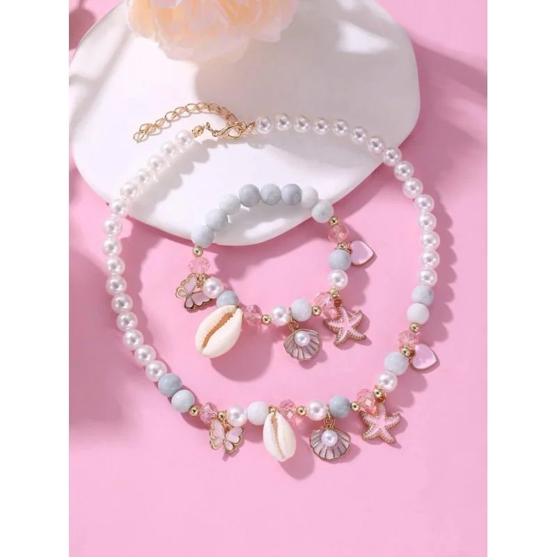 2pcs/Set Girls‘ Ocean Treasure Jewelry Set: Starfish, Shell, Butterfly & Pearl Beaded Necklace & Bracelet
