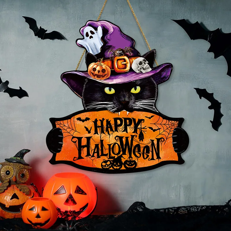 2DHalloween خدعة أو علاج علامة خشبية الوحش الوجه اليقطين تصميم حبل شماعات الشرفة جدار هالوين حديقة حفلة زينة عيد الميلاد