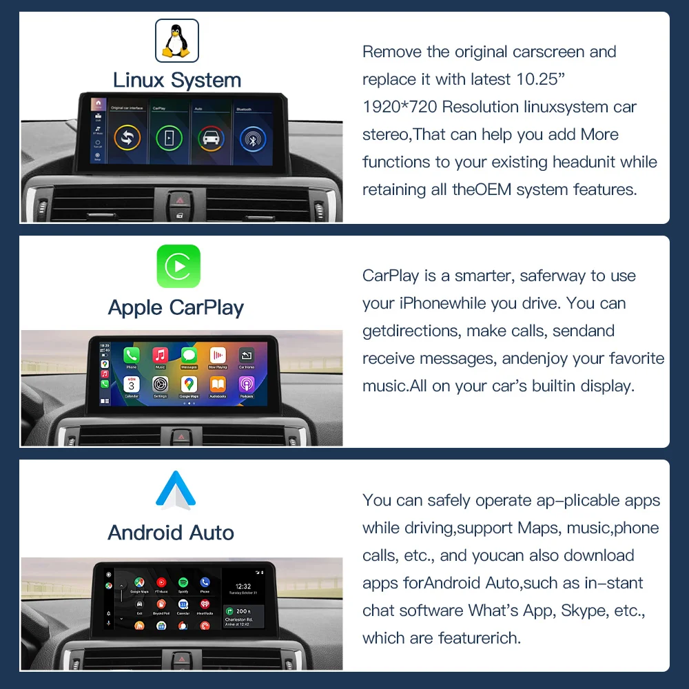 1920*720 Multimedia Touch Screen for BMW 1/2/3/4 Series F20/F21/F22/F30/F31/F33/F34/F36 Android Auto NBT System Wireless Carplay