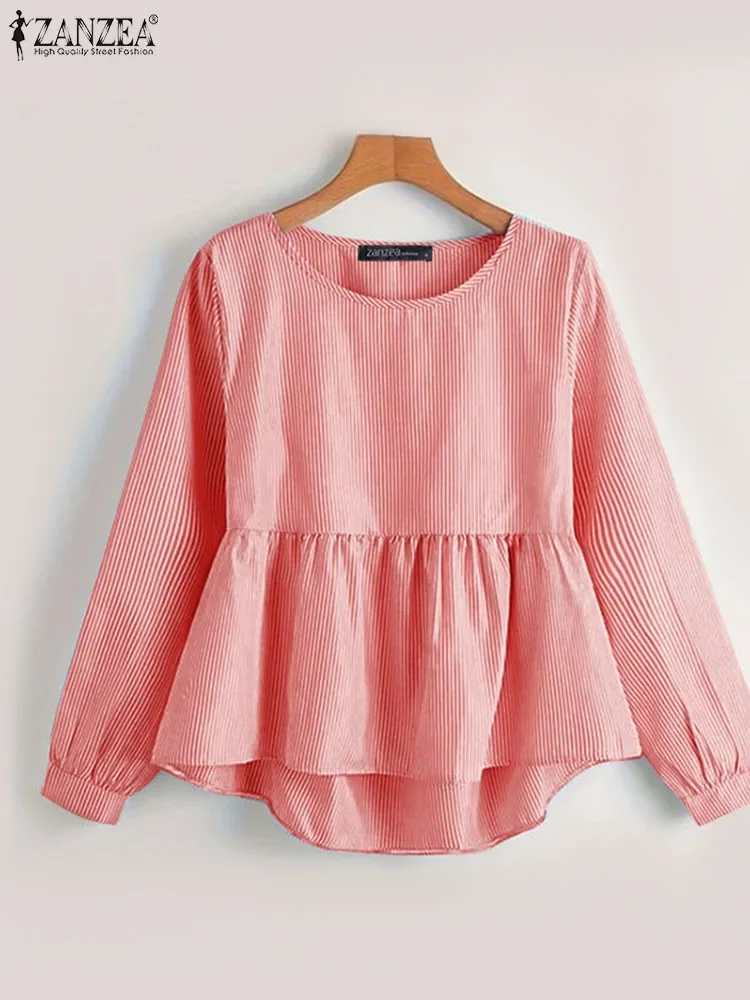 ZANZEA Damskie Koszule z Długim Rękawem Lato 2025 Okrągły Dekolt Koreańska Bluzka w Paski Plisowane Tuniki Codzienne Luźne Plisowane Bluzki z Baskinką