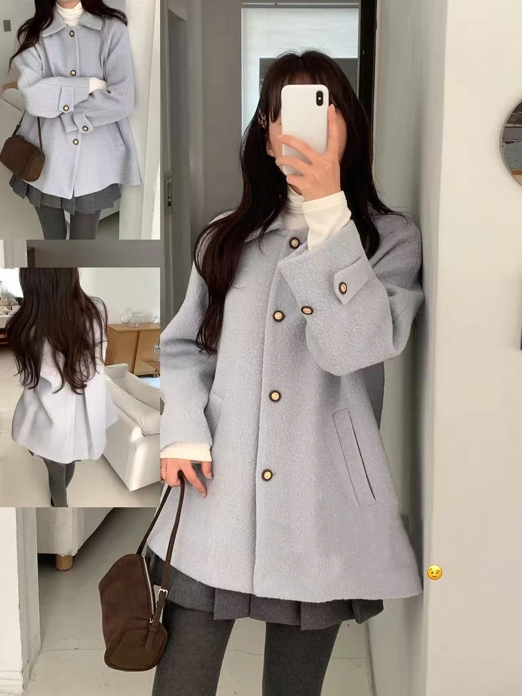 

Корейское мягкое элегантное шерстяное пальто, женское осенне-зимнее шерстяное пальто с воротником «Асфера», свободный дизайн на одной пуговице