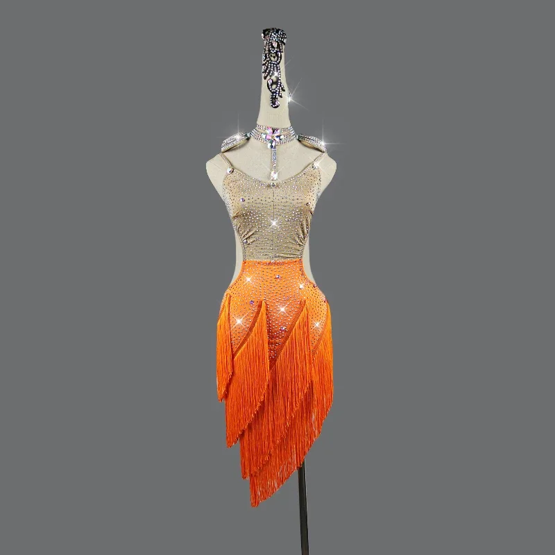 New Latin Dance Dress Competition Dress Costumes Skirt Performing Dress Rhinestones Adult Customize Children Orange Tassel Skirt