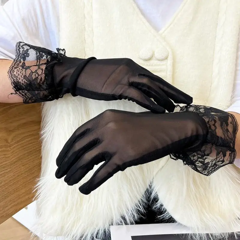 1 زوج فتاة بقماش شفاف الدانتيل تقليم قفازات الحلو الشريط القوس رقيقة نصف واضح قفازات لوليتا نمط تول قفازات مأدبة آداب ديكور #5