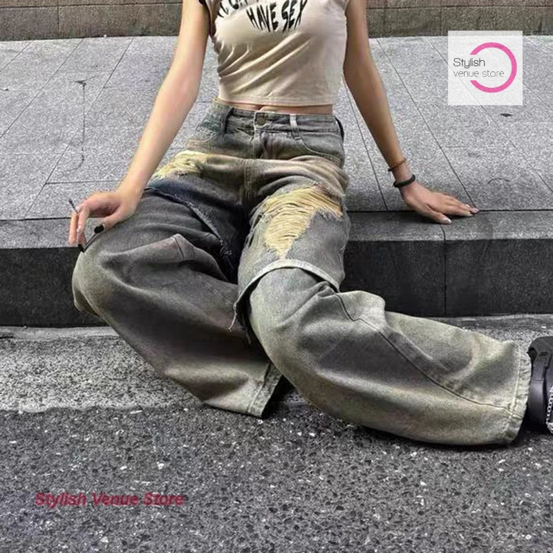American street heavy industry washed mud dyed holes fake two pieces of jeans women's new summer niche design loose drape pants