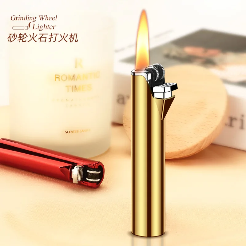 2025Cylindrical Compact Mini Grinding Wheel Flint Open Flame Lighter Electroplating Metal InflatableCigarette Accessories forMen