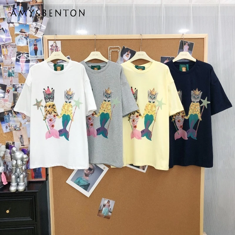 

Age-reducing Loose Casual Cartoon Cat Beaded Print Fashion Shoulder Pads Short Sleeves T Shirt Versatile Daily Casual Top Ladies
