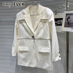CHICEVER Patchwork Metal Pin Blazer For Women Notched Collar Long Sleeve Spliced Zipper Design Solid Jackets Autumn Clothes New